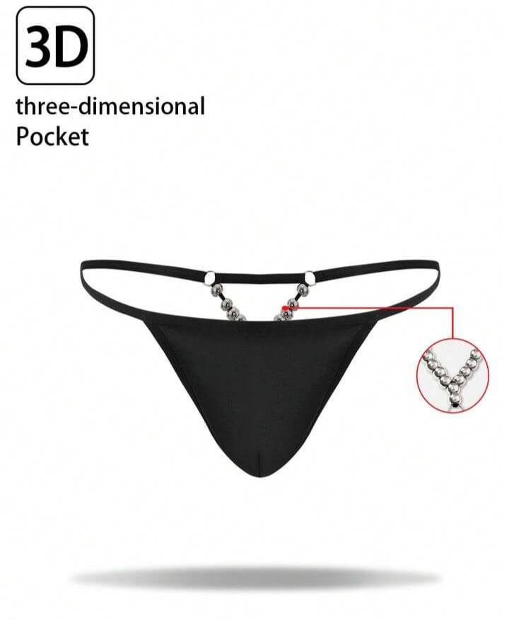 FANDY Men's Black Minimalist Thong With Silver Beads at Back Underwear
